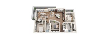 A 3D floor plan of a house with a kitchen, living room, and two bedrooms.
