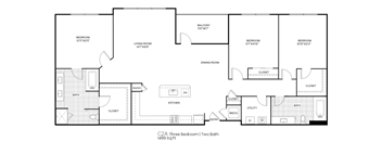 A black and white image of a floor plan for a three bedroom, two bathroom apartment.