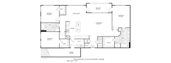 A black and white image of a floor plan for a three bedroom, two bathroom apartment.