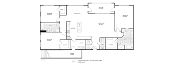 A black and white image of a house floor plan with three bedrooms and two bathrooms.