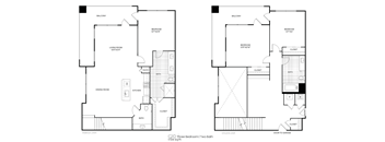 A floor plan of a two-story building with a living room, kitchen, and bathrooms.