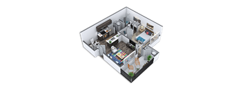 A 3D image of a small apartment with a bedroom, living room, and kitchen.