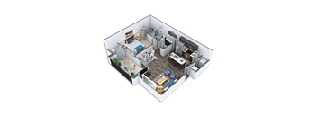 A 3D image of a small apartment with a bedroom, living room, and kitchen.