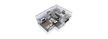 A 3D image of a small apartment with a kitchen, living room, and bedroom.