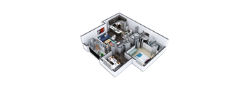 A 3D floor plan of a small apartment with a kitchen, living room, and two bedrooms.