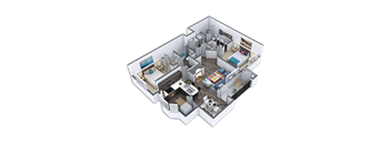 A 3D image of a small apartment with a bedroom, living room, kitchen, and bathroom.