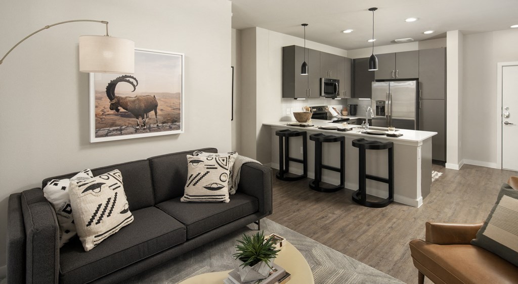 a living room and kitchen with a couch and