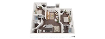 A floor plan of a two-bedroom apartment with a living room, kitchen, and bathroom.