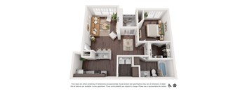 A floor plan of an apartment with various rooms and furniture.