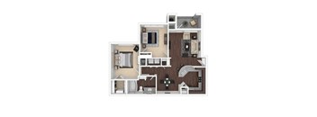 A floor plan of a house with a kitchen, living room, and two bedrooms.