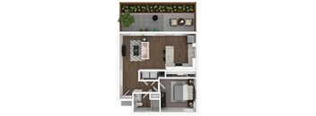 A top-down view of a small apartment with a kitchen, living room, and bathroom.