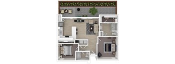 A 3D floor plan of a house with a living room, kitchen, dining room, and two bedrooms.