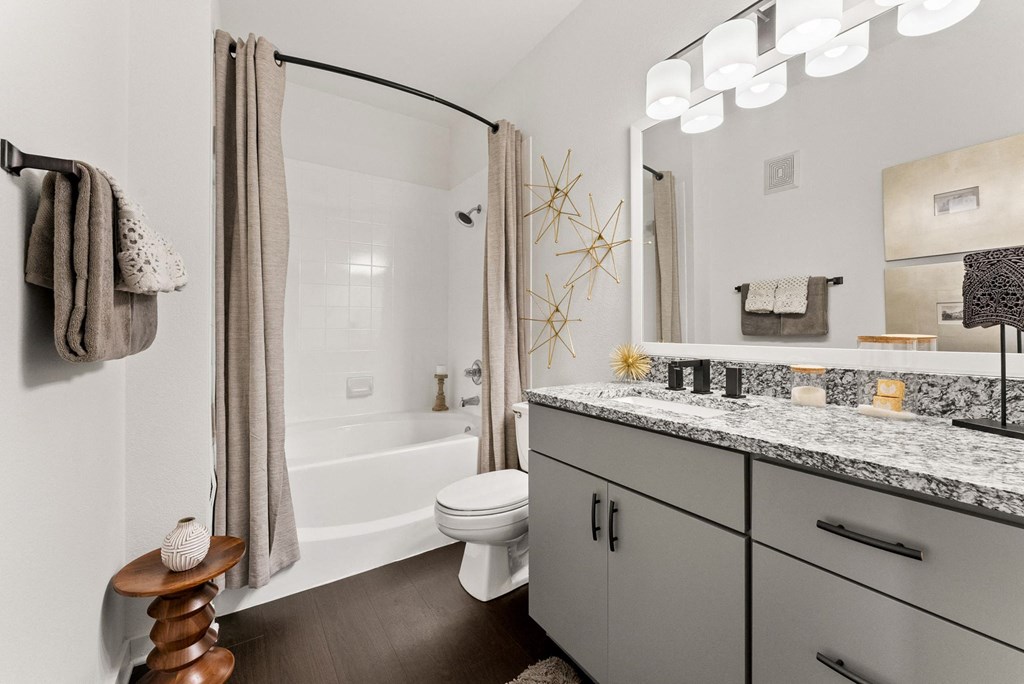 A bathroom with a toilet, sink, and shower. at Preserve at Rolling Oaks, Texas, 78728