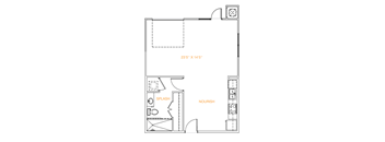 A floor plan of a kitchen with a dining table and a living room.
