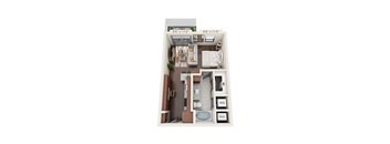 A floor plan of a small apartment with a kitchen, living room, and bathroom.