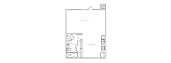 A floor plan of a kitchen with a dining table and a living room.