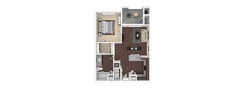A floor plan of a small apartment with a kitchen, living room, and two bedrooms.