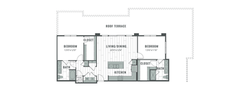 A floor plan of a house with two bedrooms, a living/dining area, a kitchen, and two bathrooms.