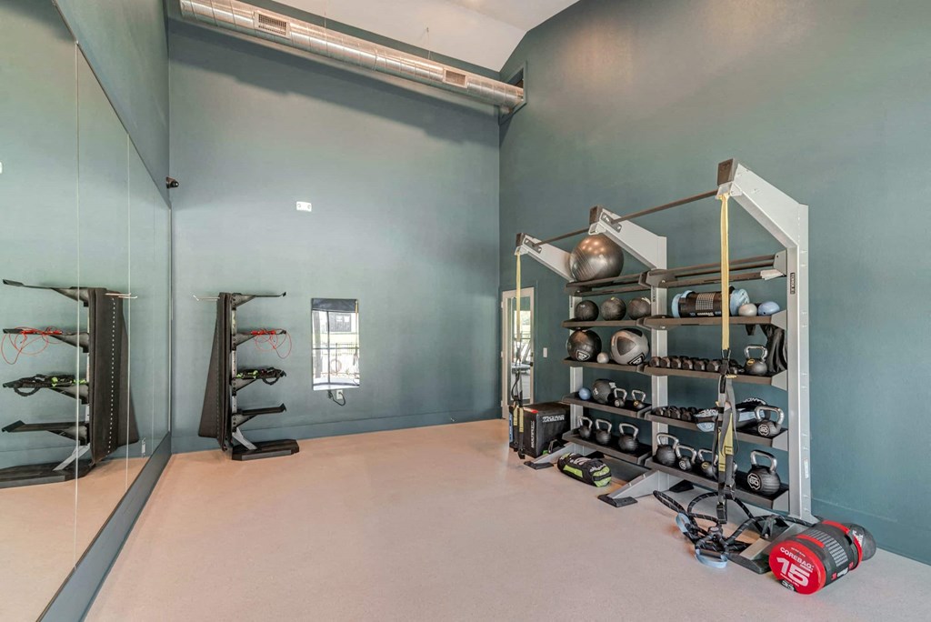 a workout room with weights on the wall and a mirrored door