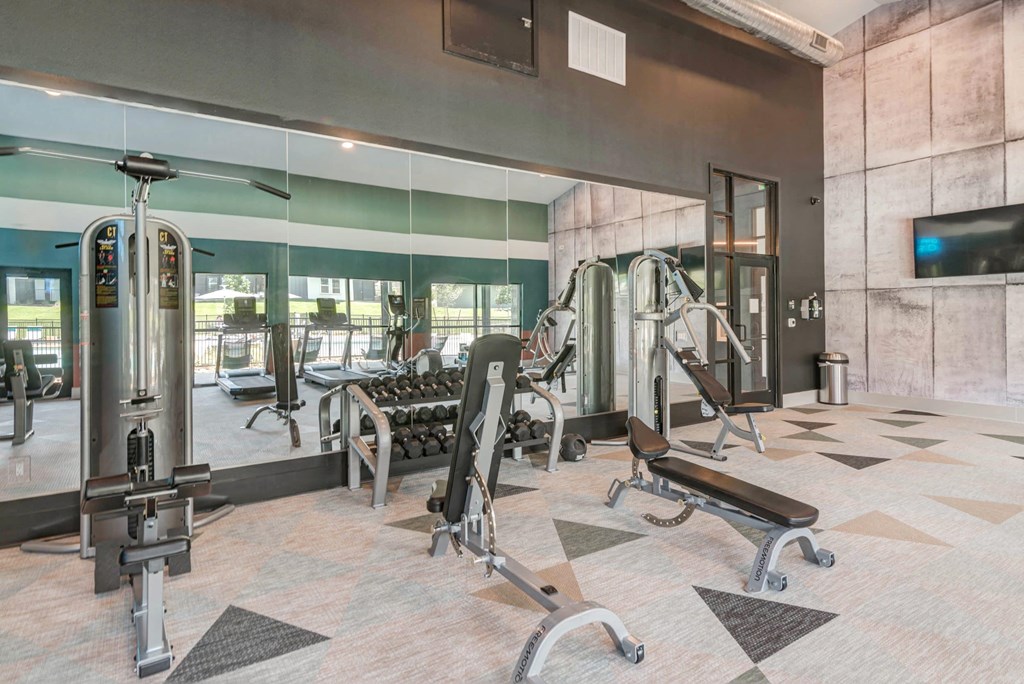 a gym with weights and a tv in the corner