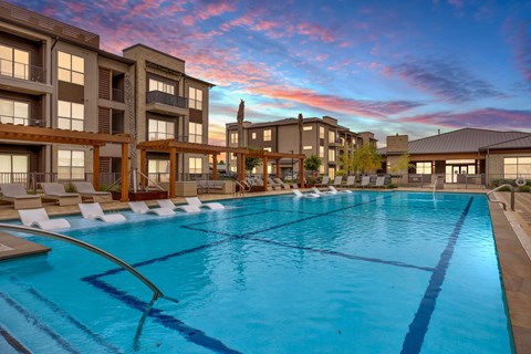 Pool View In Night  at The Haywood Apartments, Austin