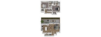 A floor plan of a two-story residential building with a living room, kitchen, and bedrooms.