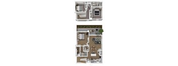 A floor plan of a two-story residential building with a living room, kitchen, bedrooms, and bathrooms.