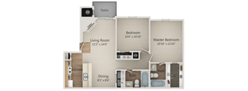 A diagram of a house layout with a living room, kitchen, dining area, two bedrooms, and a bathroom.
