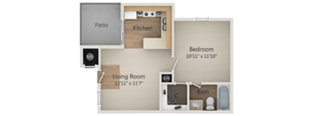 A floor plan of a home with a patio, kitchen, living room, and bedroom.