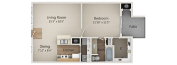 A diagram of a house layout with a living room, bedroom, patio, dining area, and kitchen.
