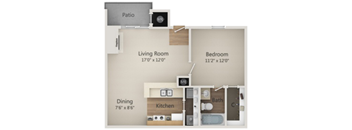 A floor plan of a small apartment with a living room, bedroom, kitchen, and bathroom.