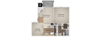 A floor plan of a small apartment with a living room, bedroom, kitchen, and bathroom.