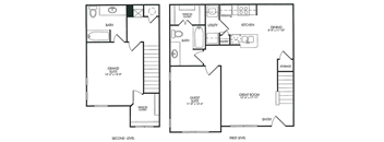 A black and white image of a two level house floor plan.