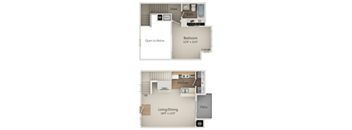A diagram of a two-story house with a living room, dining room, kitchen, bedroom, bathroom, and patio.