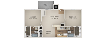 A floor plan of a house with a patio, three bedrooms, a living room, a dining area, and a kitchen.