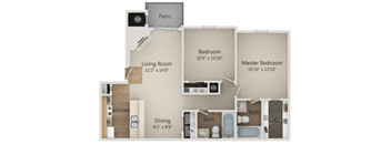A diagram of a house layout with a living room, kitchen, dining area, two bedrooms, a bathroom, and a patio.