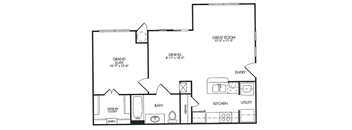 A floor plan of a house with a great room, dining room, kitchen, bath, and grand suite.