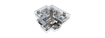 A 3D rendered image of a small apartment layout.