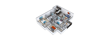 A 3D image of a small apartment with a bedroom, living room, and kitchen.