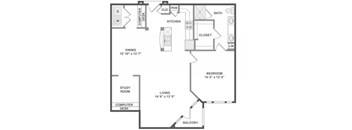 A black and white image of a floor plan for a small apartment.