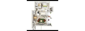 A 3D floor plan of a small apartment with a kitchen, living room, and bathroom.