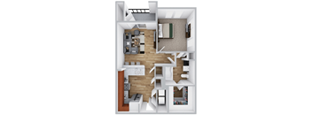 A 3D floor plan of a small apartment with a kitchen, living room, and bedroom.