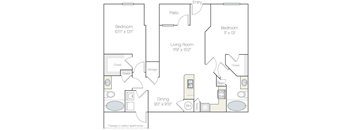 A floor plan of an apartment with a living room, two bedrooms, a dining room, and a patio.
