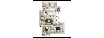 A 3D floor plan of a small apartment with a kitchen, living room, and bathroom.