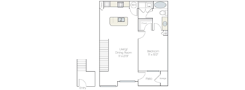 A floor plan of a home with a living/dining room, bedroom, pantry, closets, and a patio.