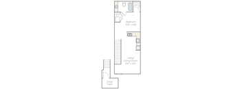 A floor plan of a small apartment with a bedroom, living/dining room, and an entry/patio.