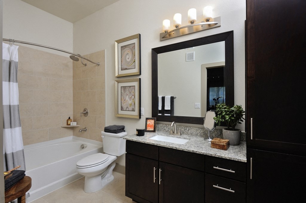 a bathroom with a large mirror and a sink and a toilet