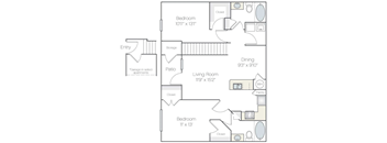A floor plan of an apartment with a garage, two bedrooms, a living room, a dining room, a pantry, and a storage area.