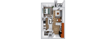A 3D floor plan of a small apartment with a kitchen, living room, and bedroom.