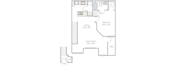 A floor plan of a home with a living room, dining room, kitchen, and bedroom.